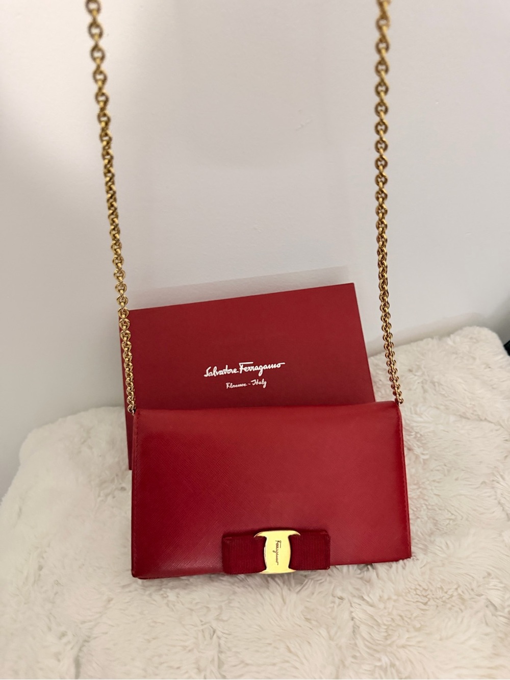 Salvatore Ferragamo Red Leather Vara Bow Crossbody with Gold Chain